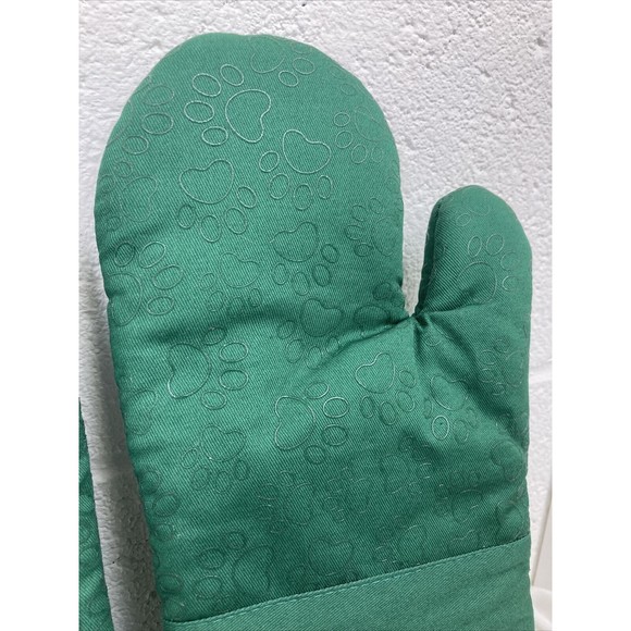 Green Cotton Silicone Paw print Cat Oven Mitts and Potholders Set Grill Glove - Picture 3 of 16